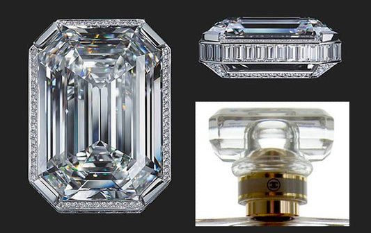 Close-up image of a large emerald-cut diamond with a detailed view of its sides and top, framed by a diamond-encrusted band, alongside a zoomed-in shot of a perfume bottle cap.