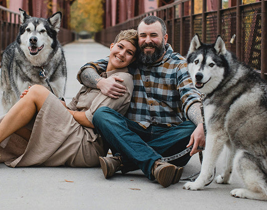 A happy couple sitting on a bridge with two Huskies. The man and woman are smiling and hugging each other, surrounded by the two dogs on leashes. The couple is dressed casually, with the man wearing a plaid shirt and the woman in a beige dress. 