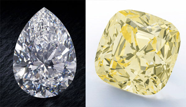 Sparkling pear-shaped white diamond and cushion-cut yellow diamond side by side on contrasting backgrounds.