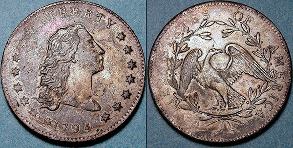 1794 Liberty Coin showing the portrait of Lady Liberty on the obverse and an eagle surrounded by olive branches on the reverse, marking one of the first U.S. silver dollars ever minted.