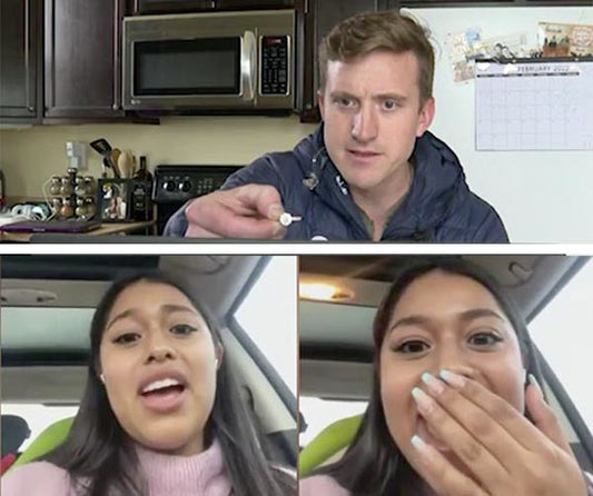 Split-screen image showing two people on a video call. The man in a kitchen is holding a small item, while the woman, sitting in a car, appears surprised and excited. The image captures a genuine reaction during a video conversation.