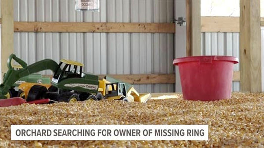 Orchard floor with yellow corn kernels, toy construction vehicles, and a red bucket, with a sign displaying 'Orchard Searching for Owner of Missing Ring.