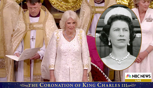 Camilla, Queen Consort, at the Coronation of King Charles III, with a historical image of Queen Elizabeth II wearing a pearl necklace and crown.