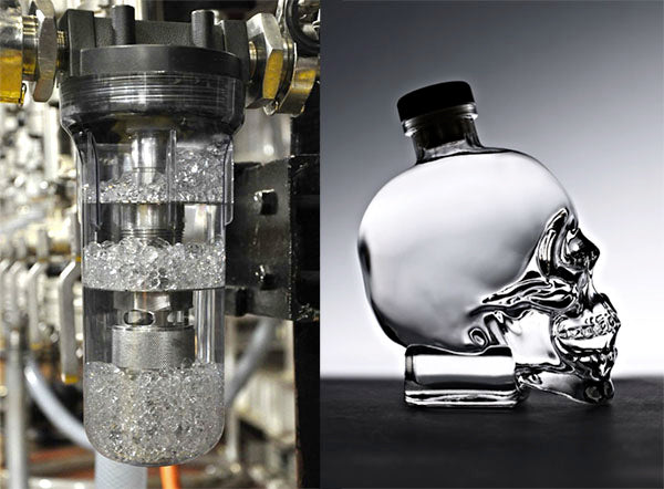 Two contrasting images side by side: On the left, a close-up of a mechanical piston with bubbles inside, possibly part of a production process. On the right, a clear crystal skull-shaped bottle, displaying its intricate design and smooth surface.