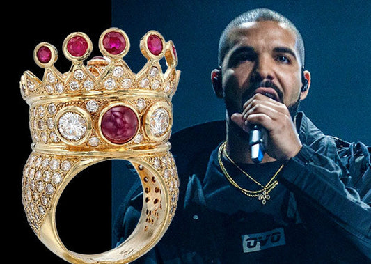 Drake performing on stage with a close-up of his custom gold crown ring featuring rubies and diamonds, symbolizing luxury and status.