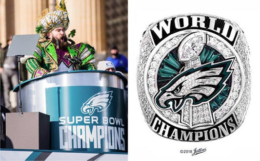 Super Bowl champions parade featuring a fan dressed in Eagles gear with a colorful outfit, and an image of the Philadelphia Eagles’ 2018 Super Bowl championship ring, showcasing a diamond-studded design with the team logo.