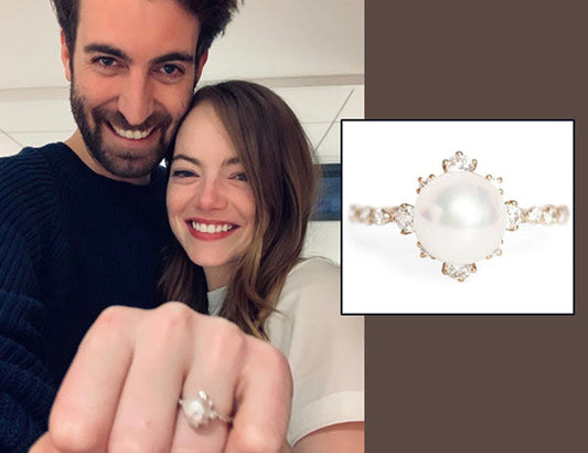 Emma Stone and her fiancé showing off her engagement ring with a pearl center surrounded by diamonds, with a close-up of the ring in the inset.
