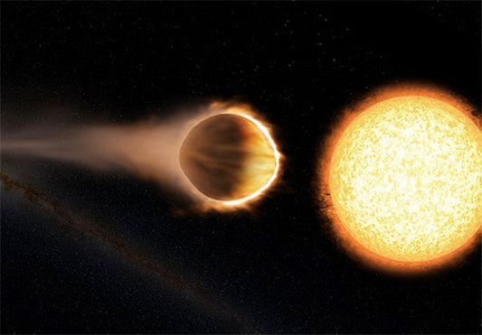 Artistic representation of a planet being heated by a nearby star, with the planet emitting heat and gas as it orbits close to the sun.