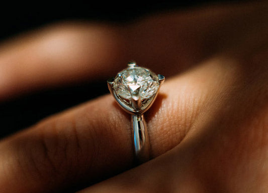 Close-up of a sparkling diamond engagement ring on a hand, featuring a round-cut diamond set in a sleek silver band, with soft light highlighting its brilliance.