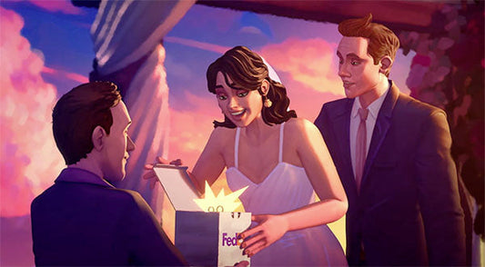 Animated image of a bride happily opening a FedEx package, with two men beside her at a wedding celebration.
