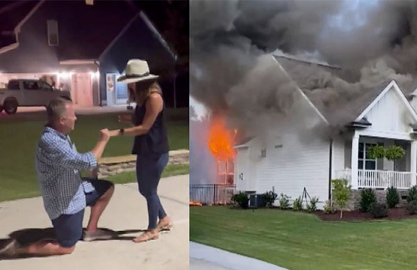 A man proposing to a woman in front of a house, while a separate image shows a house on fire with thick smoke coming out of it.