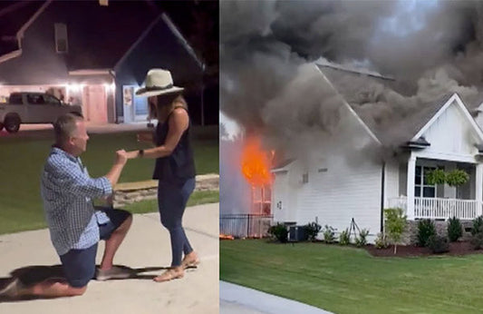 A man proposing to a woman in front of a house, while a separate image shows a house on fire with thick smoke coming out of it.