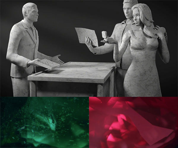 3D marble sculpture of a business meeting with a couple discussing documents, accompanied by close-up images of green and red gemstones.