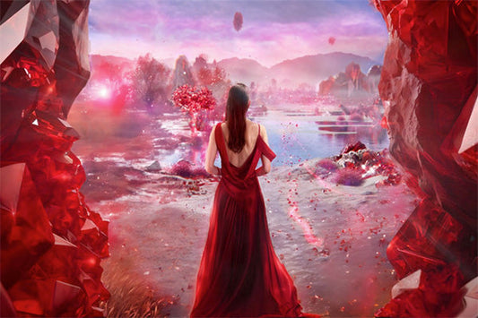 Fantasy landscape with a woman in a red dress standing in front of a vibrant, crystal-like red rock formation, overlooking a serene, mystical lake at sunset.
