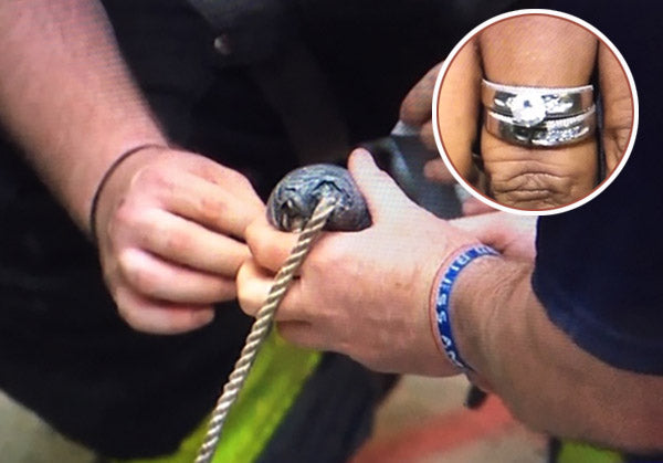 Close-up of two hands working together to secure a rope, with one hand wearing several rings, including a silver band and a blue wristband. The image also features a zoomed-in view of the rings on the person's fingers, highlighting their design.