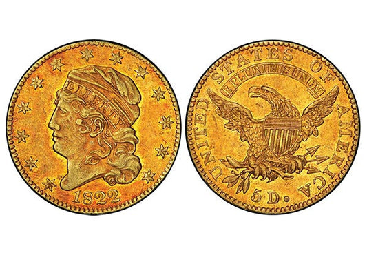 Front and back view of a 1822 United States gold coin featuring a portrait of Liberty on the obverse and an eagle with a shield on the reverse, valued at 5 dollars.