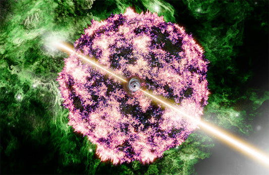 A digital rendering of a vibrant, explosive cosmic event, featuring a glowing, swirling nebula with a beam of light cutting through the center.