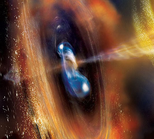 A vibrant, artistic representation of a cosmic phenomenon, with swirling galaxies and nebulae, possibly depicting the collision or interaction of two celestial bodies in space.
