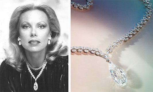 Black and white portrait of a woman wearing a stunning diamond necklace and earrings, paired with a close-up of the jewelry featuring a pear-shaped diamond pendant.