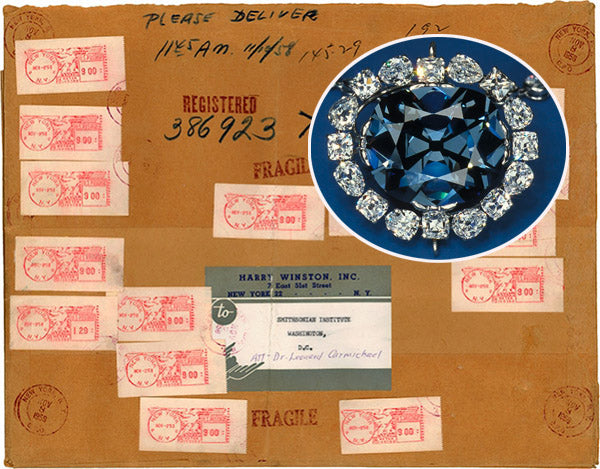 The Hope Diamond being shipped in a registered package, surrounded by postage stamps, with a close-up of the iconic blue diamond brooch in the center.