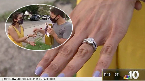 A close-up of a woman's hand showing a diamond engagement ring, with an inset image of a masked couple exchanging a ring outdoors. The photo showcases a heartwarming moment of a proposal.