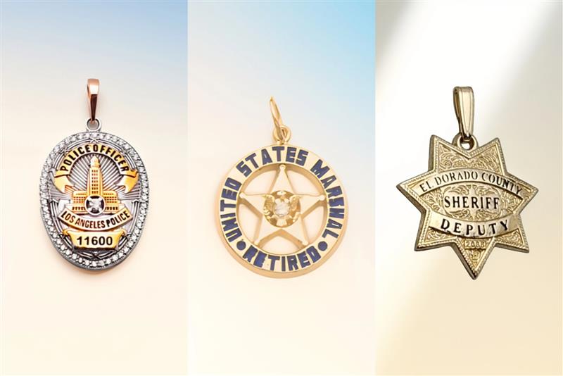 Police and sheriff pendants: Los Angeles Police badge, United States Marshal retired star, El Dorado County Sheriff Deputy badge.