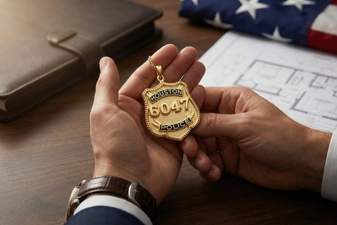 Hand holding a custom gold police badge pendant engraved with Houston 6047 Police, placed on a desk beside documents and a folded American flag.