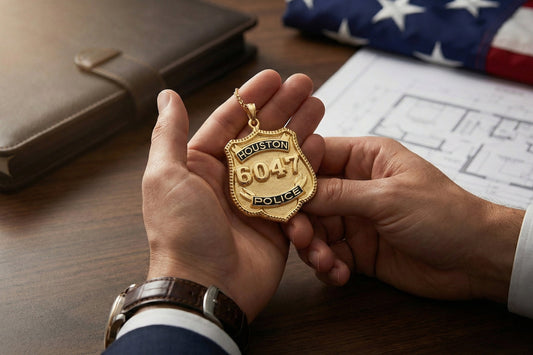 Hand holding a custom gold police badge pendant engraved with Houston 6047 Police, placed on a desk beside documents and a folded American flag.