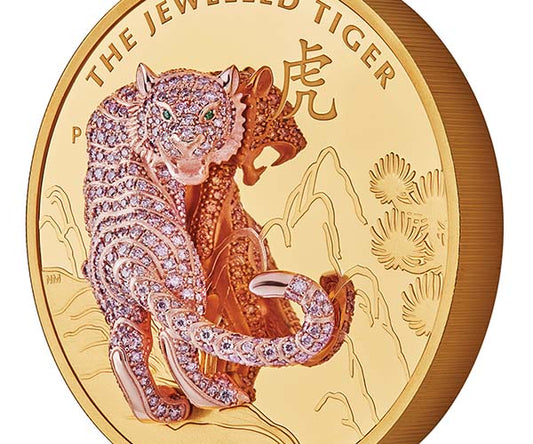 Close-up of 'The Jeweled Tiger' coin featuring a detailed, sparkling tiger design adorned with diamonds and emerald eyes, set against a golden coin background with intricate artwork.