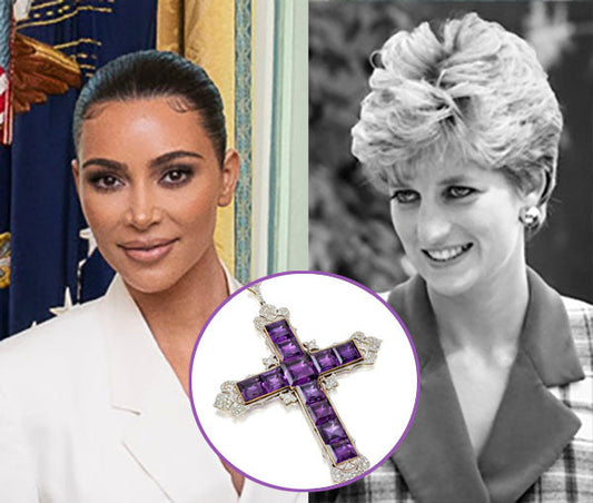 Photo of Kim Kardashian (left) and Princess Diana (right), with an inset of a purple cross pendant. The image contrasts modern celebrity with iconic royal fashion.