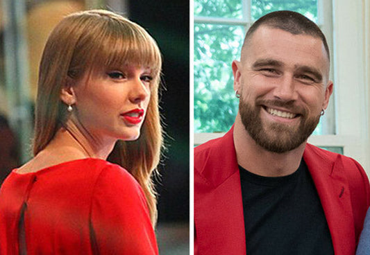 Taylor Swift in a red dress and Travis Kelce smiling in a red blazer, showcasing their public appearance together.