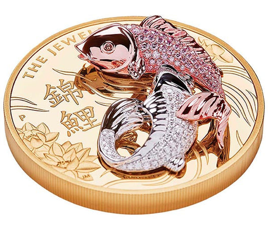 Gold coin with two fish designs in rose gold and silver, encrusted with diamonds, symbolizing luxury and wealth.