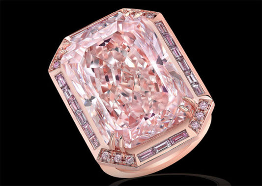 Elegant rose gold ring with a large pink diamond center stone surrounded by smaller pink and white diamonds, displayed on a black background.