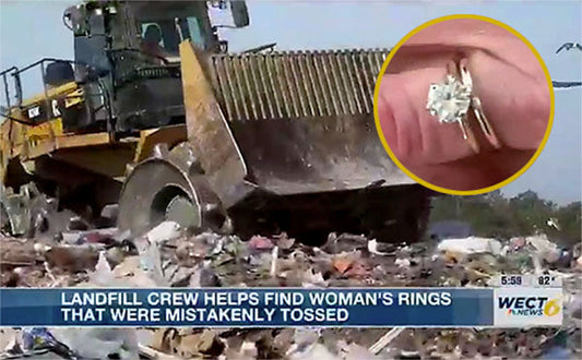 News image of a landfill site with a bulldozer in the background and an inset close-up of a diamond engagement ring, highlighting the recovery of rings mistakenly thrown away.