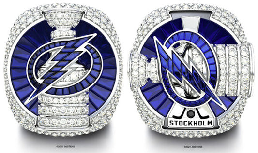 2021 Stanley Cup Championship ring for the Tampa Bay Lightning, featuring a bold blue and silver design with diamonds and the team’s logo.