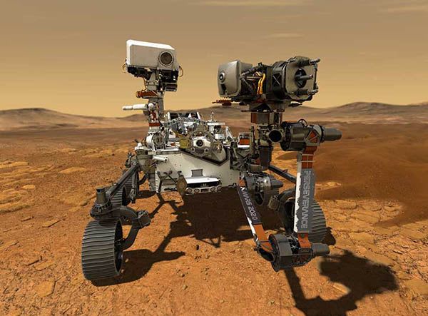 NASA's Perseverance rover on the surface of Mars, equipped with cameras, scientific instruments, and wheels for exploration.