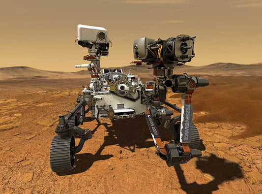 NASA's Perseverance rover on the surface of Mars, equipped with cameras, scientific instruments, and wheels for exploration.