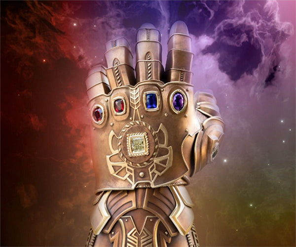 Close-up of the Infinity Gauntlet from the Marvel Universe, featuring all six colorful Infinity Stones on the fingers, set against a cosmic background.