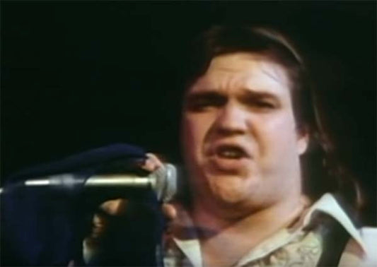 Meat Loaf performing live on stage, passionately singing into the microphone during a concert.