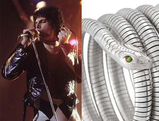 Freddie Mercury performing live on stage with a microphone, paired with a close-up image of a silver snake bracelet with an emerald eye.
