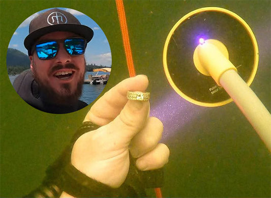 Man holding a gold ring found underwater with a metal detector, with a smiling selfie of the person in the inset photo.
