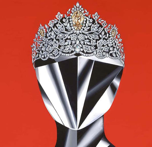 Exquisite diamond tiara with intricate floral design, featuring yellow and clear diamonds, displayed on a geometric mannequin against a red background.