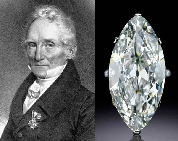 Portrait of Jean-Baptiste Tavernier, a 17th-century French gem dealer, alongside the famous marquise-cut diamond known as the Tavernier Blue Diamond.