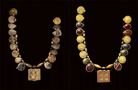 Ancient gold and gemstone necklaces with intricate designs, featuring coins and colorful stones, displayed against a black background.