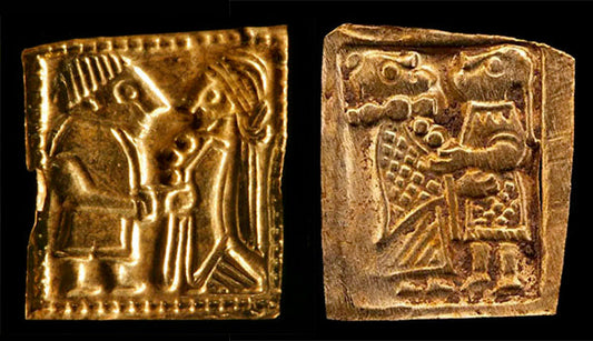 Two ancient Sumerian gold artifacts depicting intricate carvings of human figures, one showing a couple and the other a seated figure with attendants.