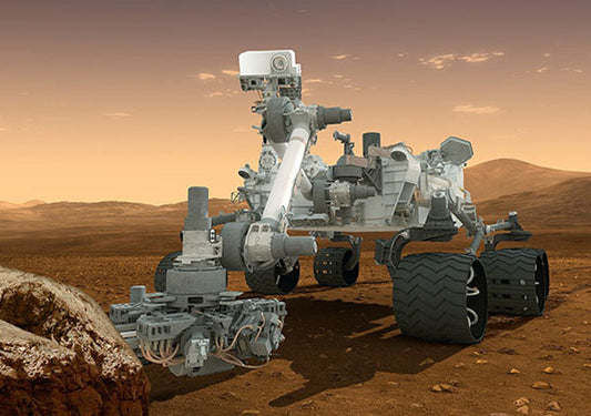 Mars Rover exploring the Martian surface, with detailed mechanical arms, large wheels, and a reddish desert landscape in the background, capturing the scientific exploration of Mars.