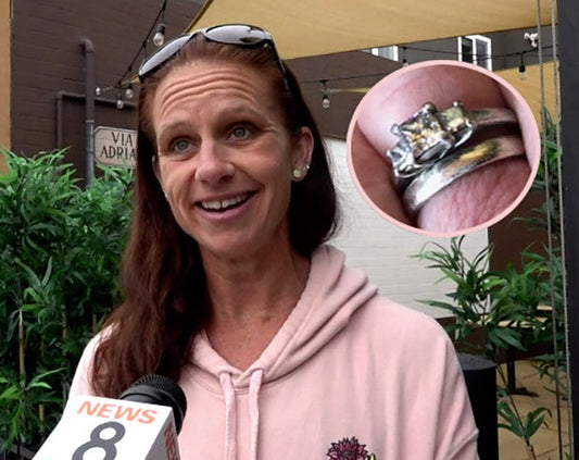 Smiling woman wearing a pink hoodie and sunglasses, speaking to a reporter with an engagement ring featuring a yellow diamond visible in an inset photo.
