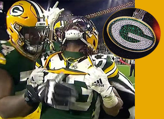 Green Bay Packers players celebrating a touchdown, with a close-up of a sparkling Green Bay Packers logo pendant.
