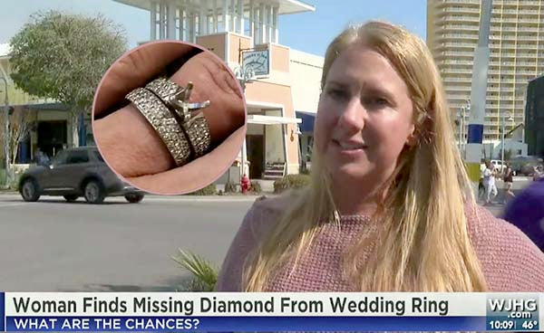 Woman finds missing diamond from her wedding ring, showcasing a close-up of the diamond ring set on her hand. Image shows the woman smiling with a background of a shopping area and the headline 'What are the chances?' featured on the news screen.
