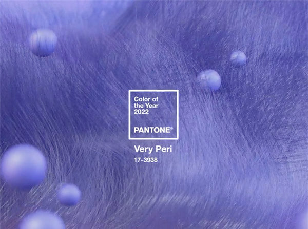 Pantone Color of the Year 2022 - Very Peri, with a purple gradient background and soft spheres, featuring the Pantone logo and color code 17-3938."